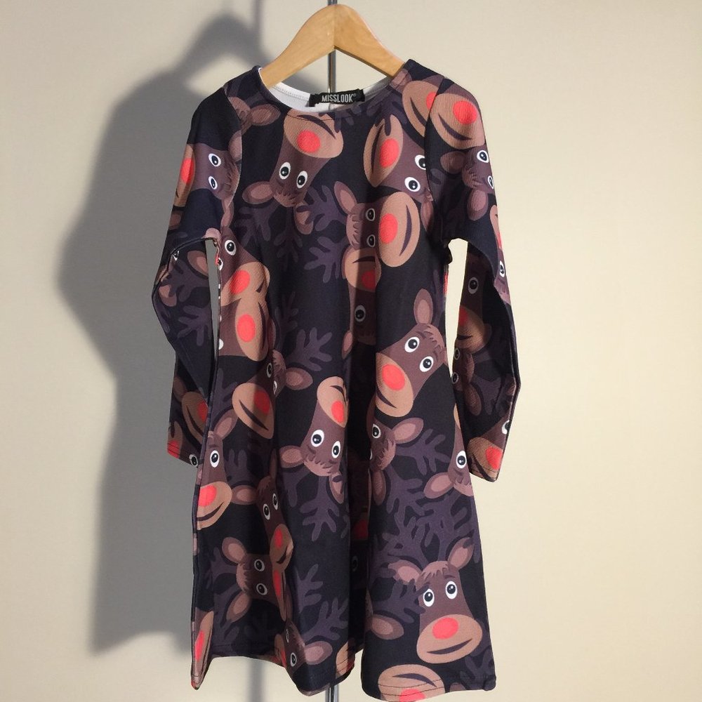 Misslook Girls Dress Christmas Holiday Rudolph Red Nosed Reindeer Size 7-8 Years